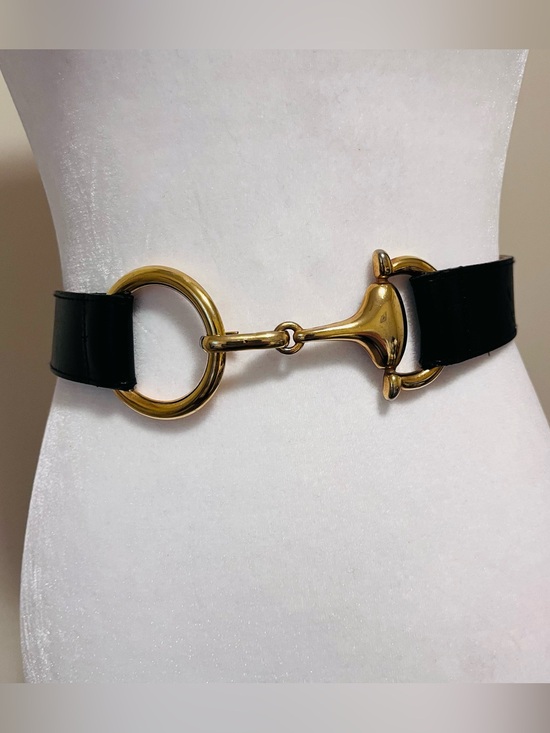 Accessories - Black Leather Waist Belt with Gold Horsebit Accent